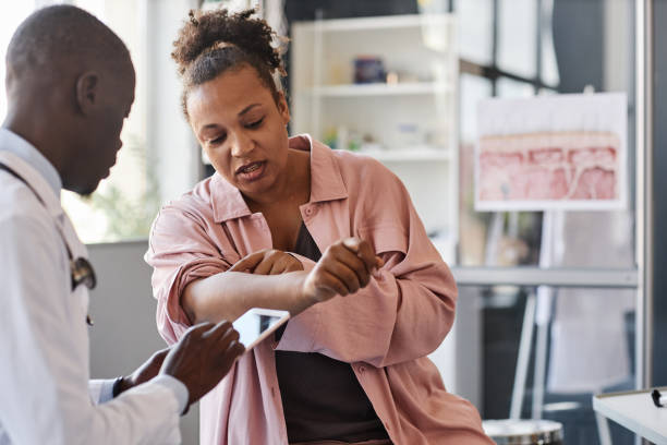 Black Woman Suffering From Psoriasis Visiting Dermatologist