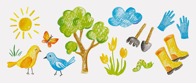 Cute Spring Set Hand Drawn Elements Stock Illustration - Download Image ...