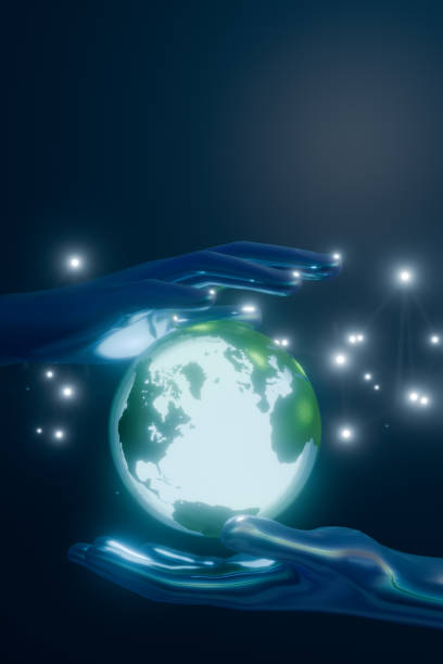 Hands gently cradle a glowing Earth, symbolizing unity and care for the planet. 3d rendering