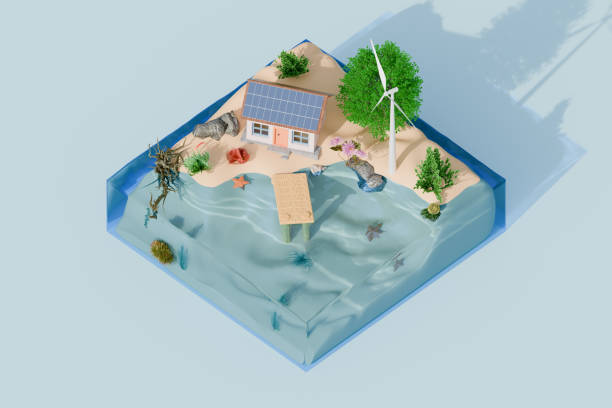 istock A miniature scene featuring a house, tree, and wind turbine surrounded by water. 3d rendering 2186304159