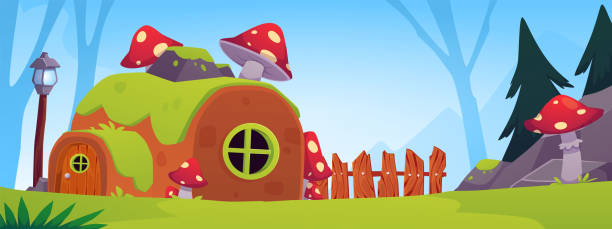 istock Vector illustration of a fairy-tale village with a house overgrown with moss and fly agarics. 2186321693