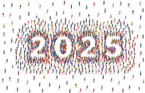 istock 2025 twenty twenty five. Happy new year greeting. Large group of people form to create year 2025. People font or number. vector illustration. 2186328470