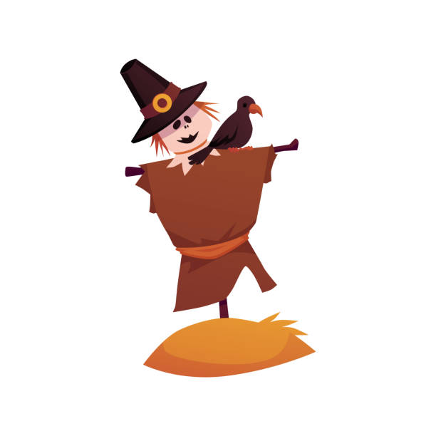 istock Vector illustration scarecrow made of straw with a hat on his shoulder sits a crow 2186330631
