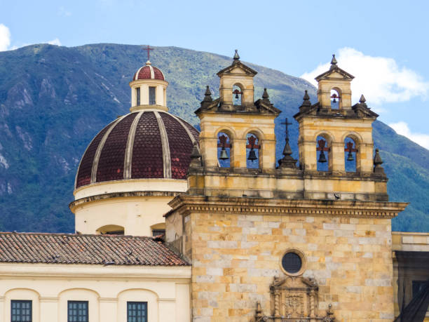 View of the Primatial Cathedral of Bogota in Bolivar Square. In Bogota, Colombia