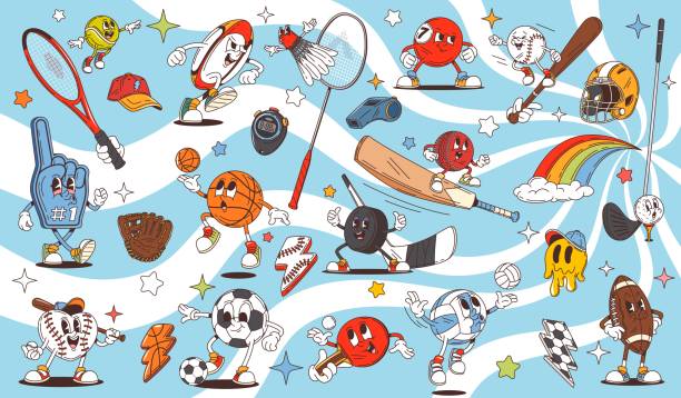 Retro cartoon groovy sport characters of soccer or football balls, vector comic art. Groovy sport characters of funky volleyball and freaky baseball bat with rugby ball and gold club in retro cartoon