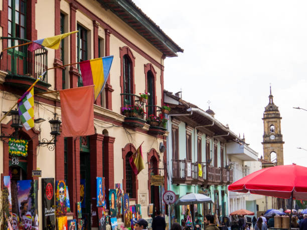 Bogota, Colombia - February 12, 2024: Street view of the famous Calle 11 in the old town.