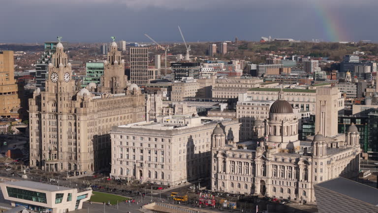 Establishing aerial view of Liverpool, United Kingdom on bright and sunny day. Iconic skyline and architecture.