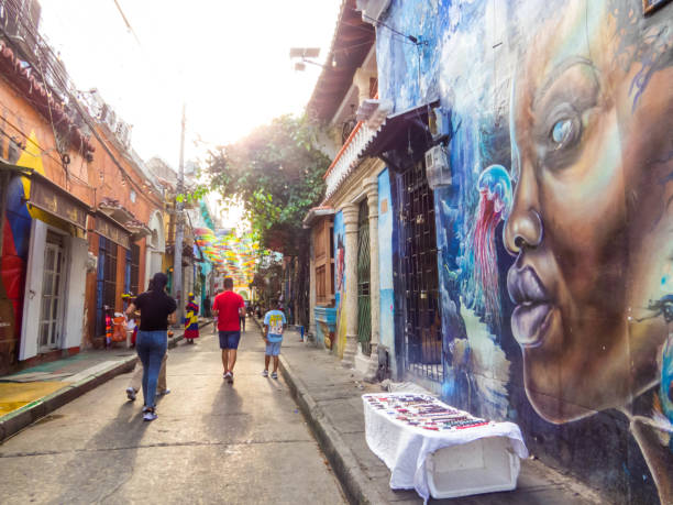 Vibrant facade and charming balconies of colonial houses in the historic center of Cartagena, Colombia,
