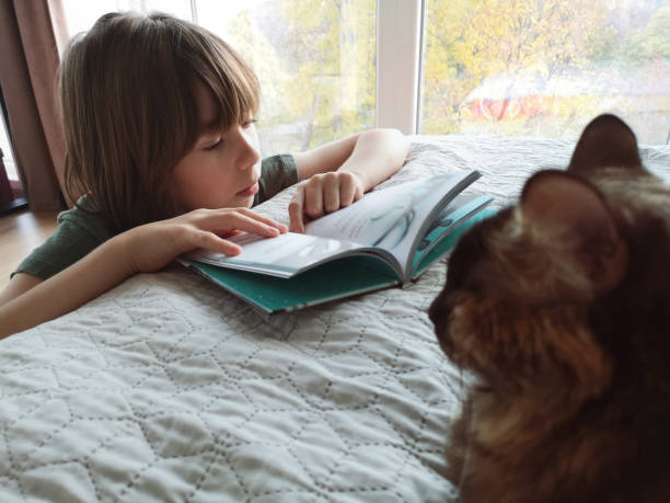 istock A child with a cat is resting at home while reading a book 2186336153