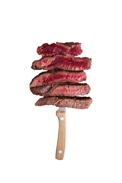 Slices of rare, red meat steak on a wooden spatula against a white background.
