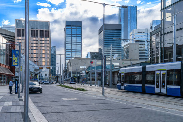Edmonton, Alberta, May 14, 2024: Two trains of Valley Line Southeast new low-floor transit system at 102 avenue in downtown