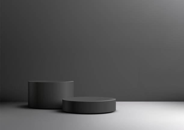 istock Minimal Black 3D Cylindrical Podium on White Floor with Dark Gray Wall for Modern Product Displays, Mockups, and Showroom Showcases 2186366214