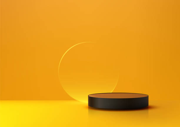 istock Modern Black 3D Cylindrical Podium with Bright Yellow Background and Transparent Circle, Elegant Product Display for Mockup and Showcase 2186366233