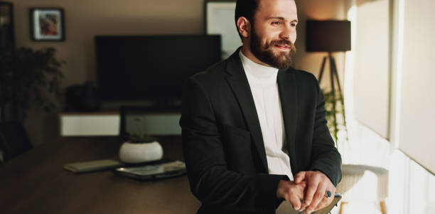 istock Business man, tablet and idea in office for financial growth, proposal and brand development with thinking. Executive, smile and planning in workplace for project, company mission and future vision 2186379122
