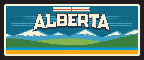 Alberta territory of Canada, Canadian province with mountains. Vector travel plate, vintage sign, retro postcard design. Old card with flag of region and natural landscape, souvenir plaque