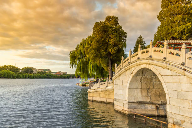 Historic arched bridge in Beihai Park in Beijing