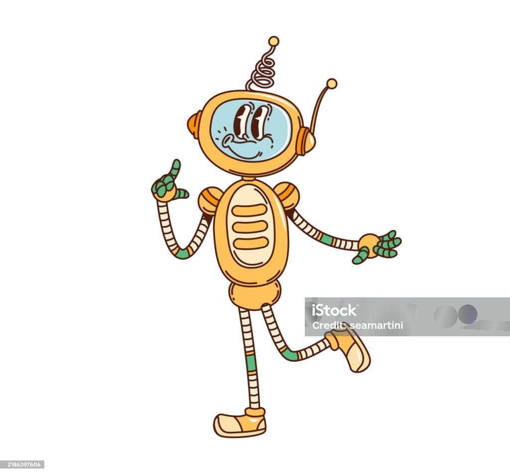 Cartoon retro groovy robot funny funky character Cartoon retro groovy robot character with funny face and antenna vector comic personage. Groovy funky retro old robot with silly face whistling melody song, freaky metal cyber bot or android toy robot Human Face stock vector Cartoon retro groovy robot funny funky character Cartoon retro groovy robot character with funny face and antenna vector comic personage. Groovy funky retro old robot with silly face whistling melody song, freaky metal cyber bot or android toy robot Human Face stock vector