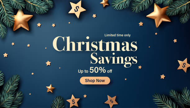 istock Festive Christmas promotion banner or background featuring a navy-blue background adorned with golden stars and green pine branches. Perfect for promoting a sale with discounts up to 50% off Ideal for Christmas promotions. 2186401425