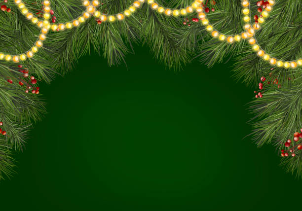 istock Christmas horizontal card with fir branches and glowing garland. Watercolor digital illustration. New Year lights and red winter berries, fluffy pine branches isolated on green background. 2186403108