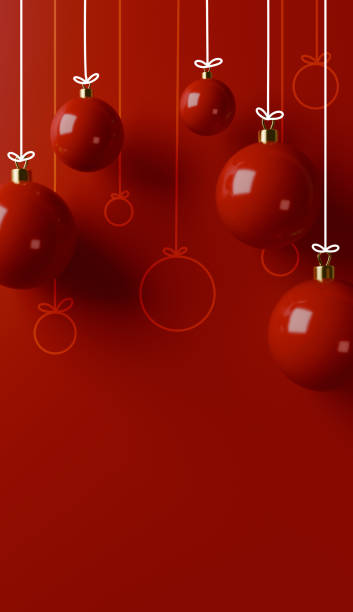 3D Christmas vertical label on a red background featuring a realistic red Christmas tree ball in 3D style. Delicate line art drawings of balloons complement the design. Perfect for holiday cards, designs, Christmas decorations, and advertisements