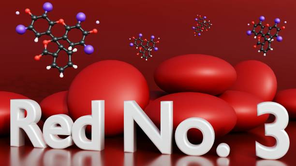 3D molecular structure of Red No. 3 and red candies