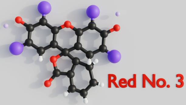 3d rendering of molecular structure of Red No. 3, a synthetic food dye commonly used to impart a bright red color to various food and beverage products.