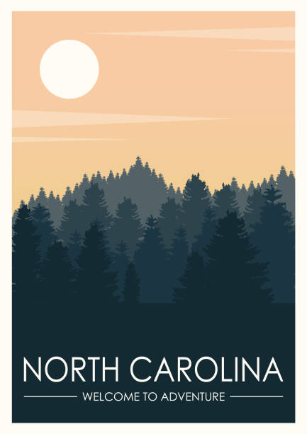 Vintage Retro American Great Forest Mountain. National park for outdoor adventure 2d Illustration. Autumn Alps forest illustration. Mountains and trees in background