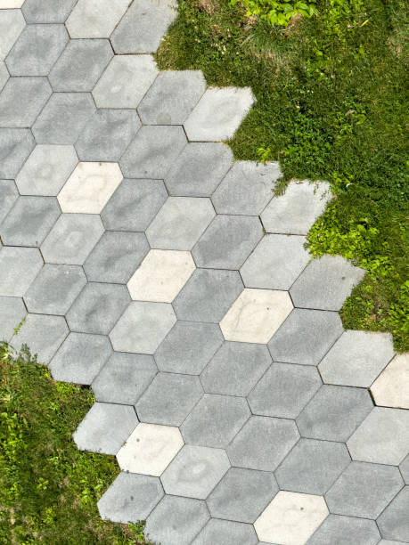 istock A gray and white tile path with green grass growing up the sides 2186418835