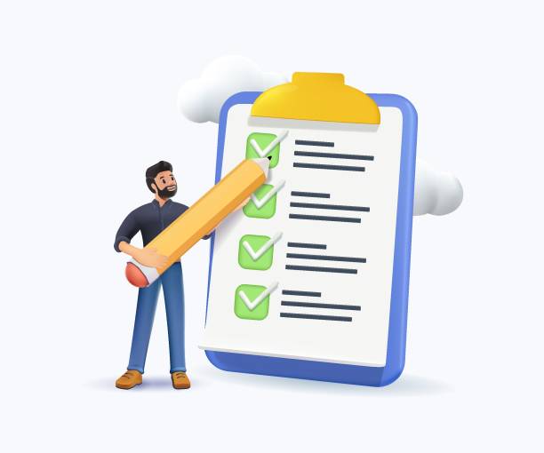 istock Businessman filling out the checkbox form. Man holding pencil and mark the document check boxes, management. Student takes the exam, education concept. Vector 3D illustration in realistic style 2186420501