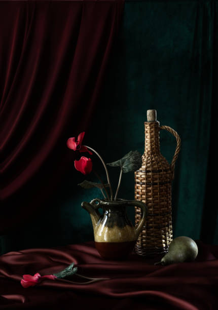 classical dark still life in brown, red  and green colord
