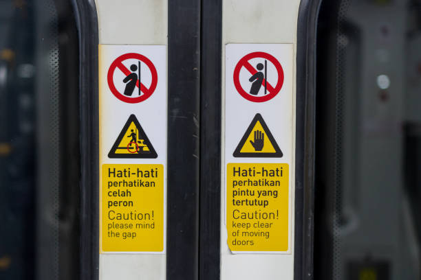 istock Prohibited sign for leaning near train doors 2186424568