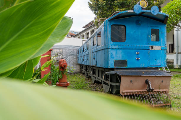 A vintage blue train surrounded by lush green plants and urban architecture, capturing a blend of history and nature. Ideal image for themes of transportation, preservation, and cityscapes