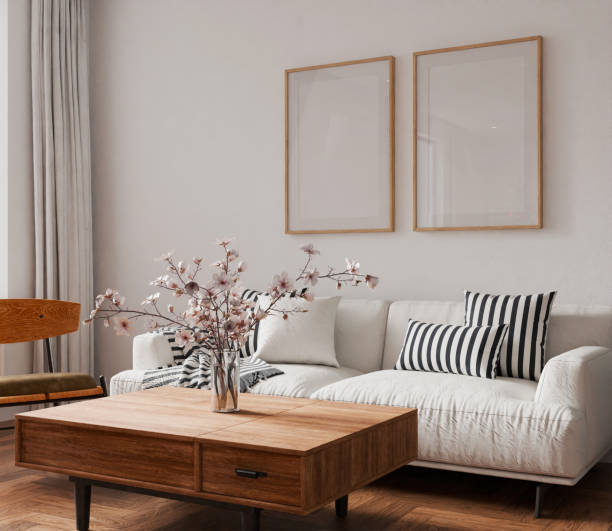 istock Interior living room mockup, two frame, poster empty in home design, interior design element mockup farm house mixed with modern style, blank frame 3d render 2186440864