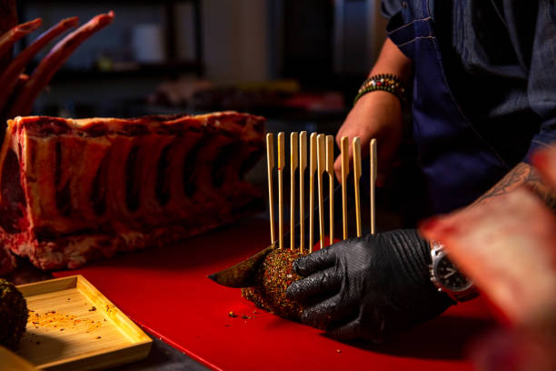 istock Skewered beef roulade scliced and prepared for barbeque. 2186447419