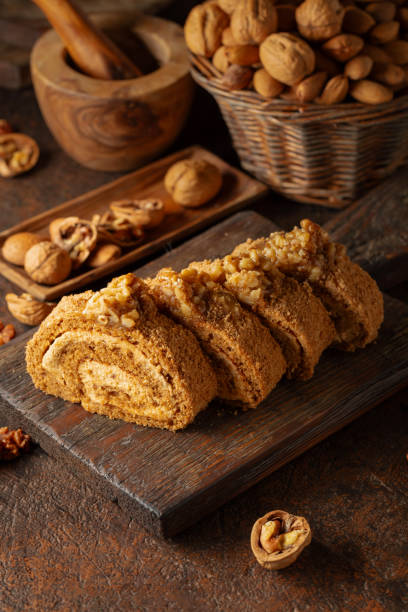 istock Cake with brown sugar, walnuts, and cream. 2186447426