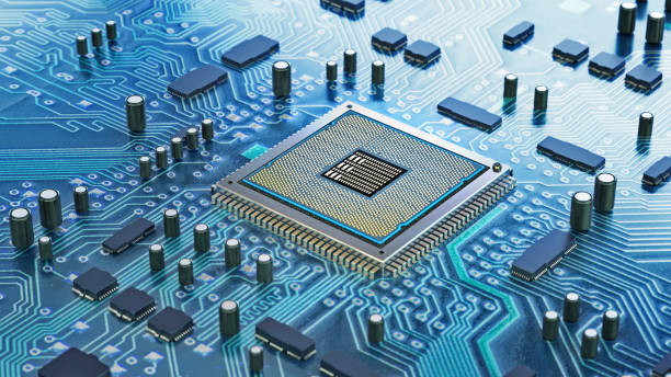 istock Intricate design of a computer chip on a circuit board surrounded by electronic components 2186449894
