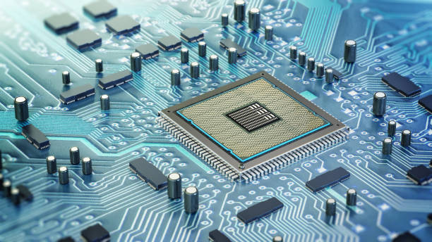 istock Intricate design of a computer chip on a circuit board surrounded by electronic components 2186449988