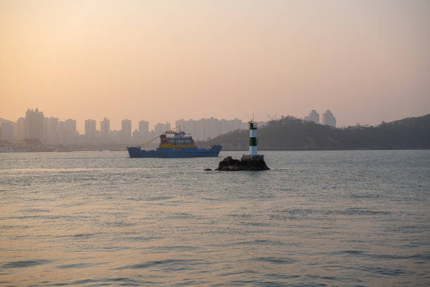 Sunset view on Xiamen around Gulangyu island, China, copy space for text