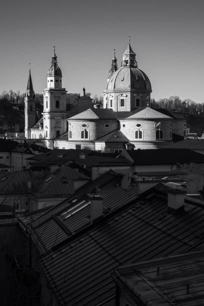 Black and white image of the cathedral in Salzburg, Austria.