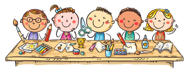 Happy cartoon kids crafting together at the table, children creative activities, kids cooperation, children hobby, doodle characters Happy cartoon kids crafting together at the table, children creative activities, kids cooperation, children hobby, doodle characters. Colorful vector illustration craft activities for preschoolers stock illustrations
