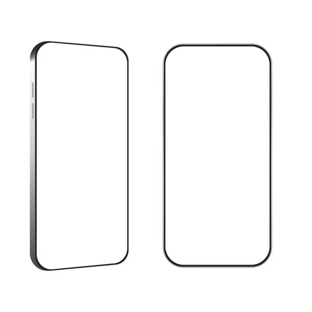 istock Two smartphone outlines are shown side-by-side. blank white screens. The left phone is angled slightly, and hints of buttons are visible on its side. They appear to be templates for mobile app design 2186462154