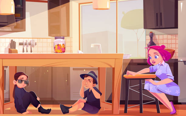 Cute teen children dressed as spy hide under table Cute teen children dressed as spy in black clothes, hat and glasses hide under wooden dining table in home kitchen room while surprised woman find them. Cartoon vector kids play snoop game at home. spy games stock illustrations