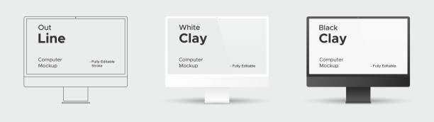 Front view computer monitor screen mock up template black, white and outline(fully editable stroke) design on isolated background