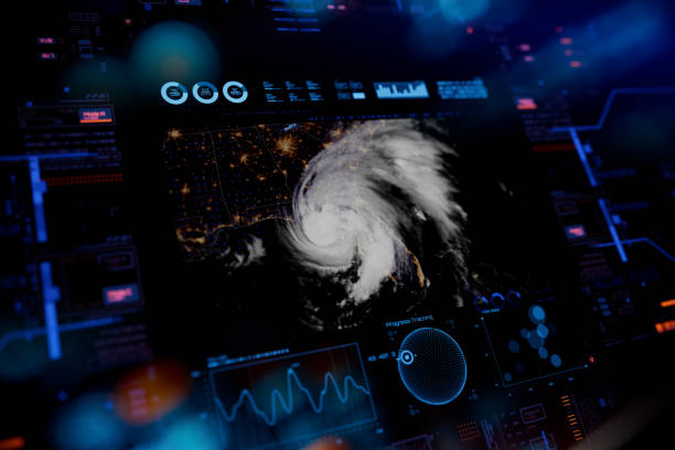 Tropical storm in U.S. Tropical storm in U.S. Satellite view of hurricane on digital lcd display with reflection. Concept of super typhoon, cyclone, tropical storm, and windstorm. Elements of this image furnished by NASA flood preparation stock pictures, royalty-free photos & images