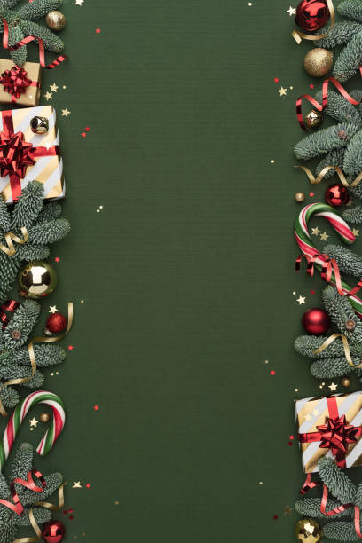 istock Christmas Ornaments Frame on Green Background for Card 2186490568