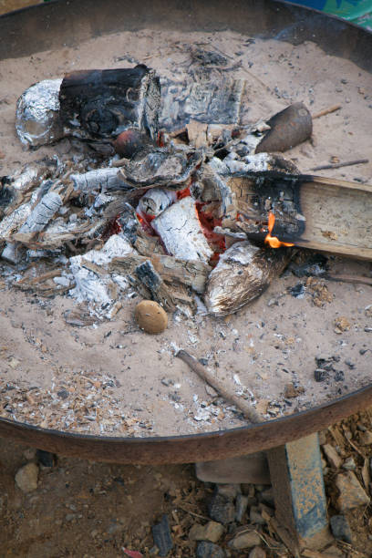istock Roasting sweet potatoes wrapped in aluminum foil over a campfire 2186491004