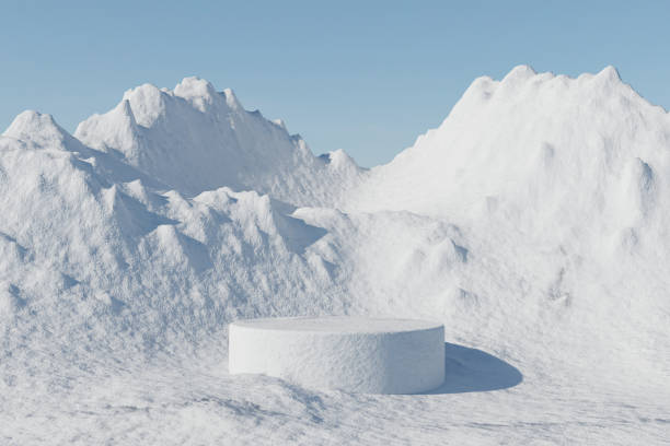 istock 3d render winter platform and natural mockup background, Snow podium on the ice snow mountain, Backdrop sky and cloud for product stand display, advertising, cosmetic skincare or etc 2186501123