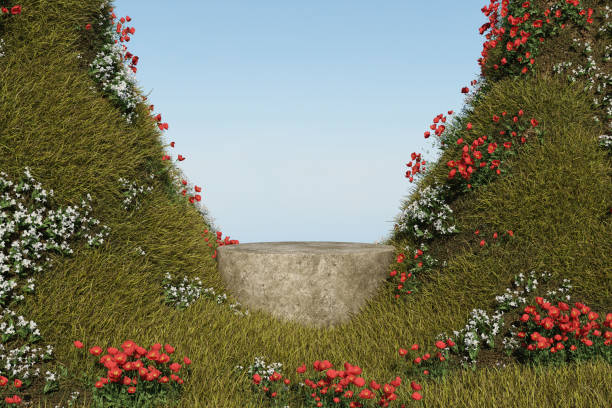 istock 3d render spring stage and natural mockup background, Stone podium between the Mountains covered with meadows and flowers for product stand display, advertising, cosmetic skincare or etc 2186501134