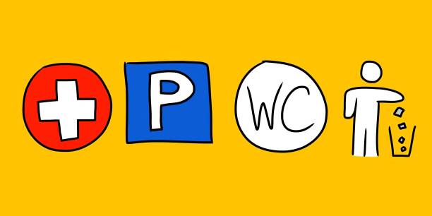 istock doodle icon. parking icon. medical help or hospital sign. throw trash here. direction icons for people and tourists. toilet. women's and men's toilet. 2186505143