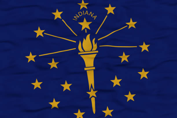 A detailed depiction of the Indiana state flag featuring a gold torch surrounded by 19 stars on a blue background, symbolizing liberty and enlightenment. The textured design gives the flag a realistic waving effect.